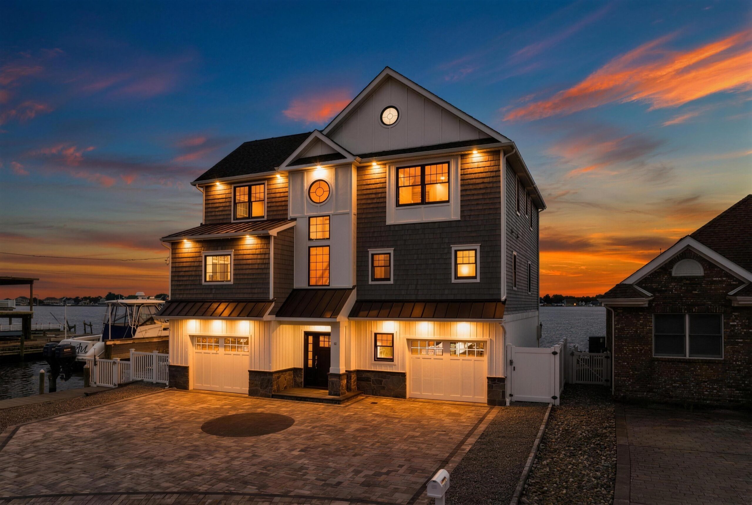 Finished waterfront custom home at twilight, Brick Township